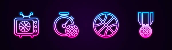 在电视上设置直线篮球比赛 用篮球和奖牌设置秒表 发光的霓虹灯图标 — 图库矢量图片