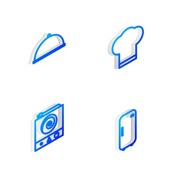Set Isométrico Línea Chef Sombrero Cubierto Con Bandeja Cocina Eléctrica — Archivo Imágenes Vectoriales