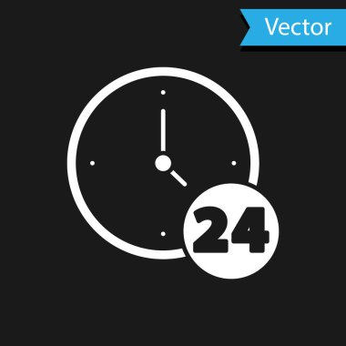 Beyaz Saat 24 saat simgesi siyah arkaplanda izole edildi. Tüm gün döngü simgesi. 24 saat hizmet sembolü. Vektör.