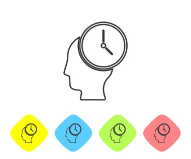 Gri çizgi Zaman Yönetimi simgesi beyaz arkaplanda izole edildi. Saat ve vites tabelası. Üretkenlik sembolü. Renkli eşkenar dörtgen düğmelerine simgeleri yerleştir. Vektör.