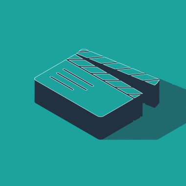 Isometric Film alkışlama simgesi yeşil arkaplanda izole edildi. Film alkışlama tahtası. Alkış tahtası işareti. Sinema yapımı ya da medya endüstrisi. Vektör.