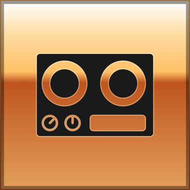 Altın arka planda siyah gaz sobası ikonu izole edildi. Mutfak tabelaları. Dört daire ocağı olan bir hob. Vektör.