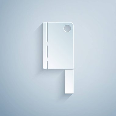 Kağıt kesiği Et Helikopteri simgesi gri arkaplanda izole edildi. Et için mutfak bıçağı. Kasap bıçağı. Mutlu Cadılar Bayramı Partisi. Kağıt sanatı tarzı. Vektör.