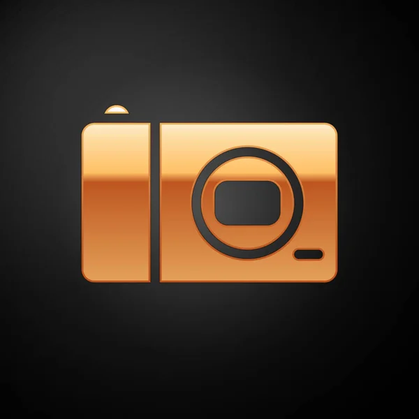 Gouden Fotocamera Pictogram Geïsoleerd Zwarte Achtergrond Foto Camera Icoon Vector — Stockvector