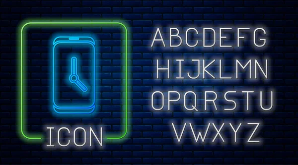 Brillante Neón Alarma Reloj Aplicación Smartphone Icono Interfaz Aislado Fondo — Archivo Imágenes Vectoriales