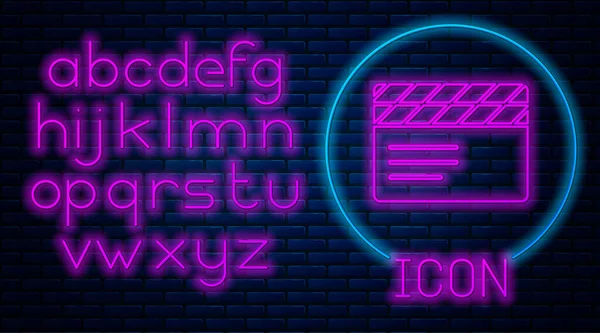 Ragyogó Neon Film Tapsoló Ikon Elszigetelt Téglafal Háttér Filmtapsoló Tábla — Stock Vector