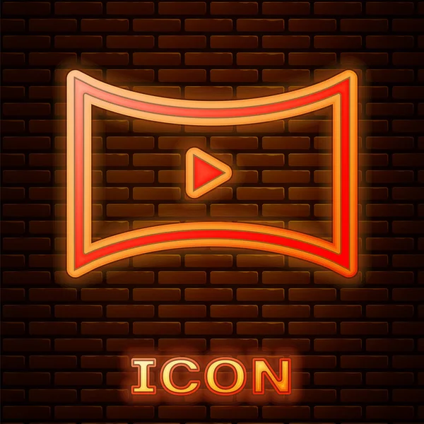 Brillante Neón Online Reproducir Icono Vídeo Aislado Fondo Pared Ladrillo — Vector de stock