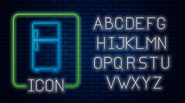 Иконка Светящегося Неонового Холодильника Изолирована Фоне Кирпичной Стены Холодильник Морозильник — стоковый вектор