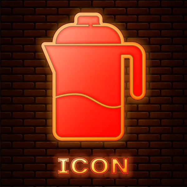 Glowing Neon French Press Icon Isolated Brick Wall Background Vector — Stock Vector