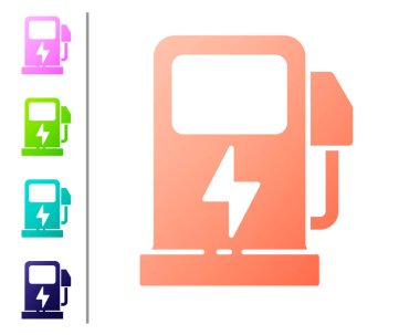 Coral Electric araba şarj istasyonu simgesi beyaz arka planda izole edildi. Eko elektrik yakıt pompası tabelası. Renk simgelerini ayarla. Vektör.