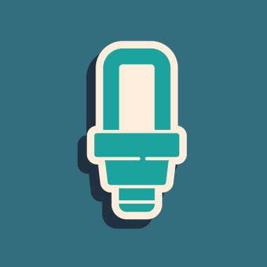 Yeşil LED ampul simgesi yeşil arkaplanda izole edildi. Ekonomik LED ışıklı ampul. Enerji lambasını sakla. Uzun gölge tarzı. Vektör.