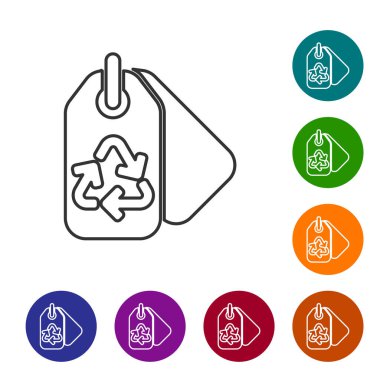 Beyaz arkaplanda izole edilmiş simge simgesine sahip siyah çizgi etiketi. Pankart, etiket, etiket, logo, çevre yeşili etiketi. Simgeleri renk daire düğmelerine ayarla. Vektör.