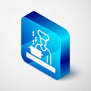 Isome İspanyol aşçı ikonu gri arka planda izole edilmiş. Mavi kare düğme. Vektör.