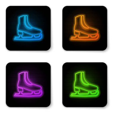 Parlayan neon kaykay simgesi beyaz arkaplanda izole edildi. Buz pateni ayakkabısı ikonu. Kılıçlı spor botlar. Siyah kare düğme. Vektör.