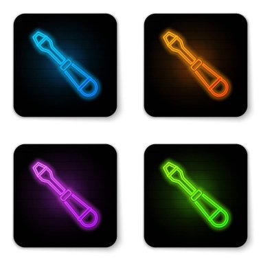 Parlayan neon tornavida simgesi beyaz arkaplanda izole edildi. Servis aracı sembolü. Siyah kare düğme. Vektör.