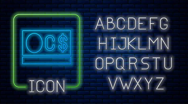 Gloeiende Neon Canadese Dollar Valuta Symbool Pictogram Geïsoleerd Baksteen Muur — Stockvector