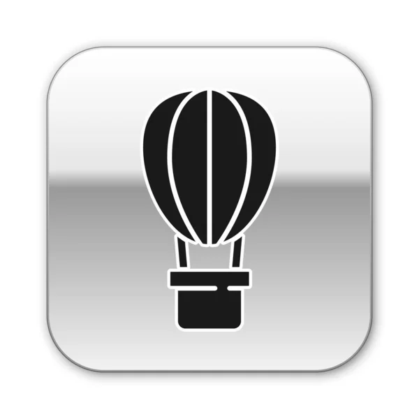 白い背景に隔離された黒い熱気球のアイコン 旅行のための航空輸送 銀四角形のボタン ベクトル — ストックベクタ