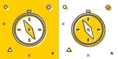 Sarı ve beyaz arkaplanda siyah pusula simgesi izole edildi. Rüzgâr yön bulma sembolü. Rüzgar gül işareti. Rastgele dinamik şekiller. Vektör İllüstrasyonu.