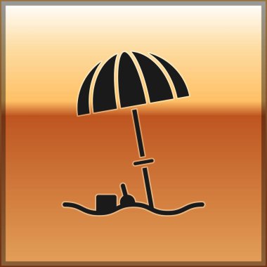 Altın arka planda izole edilmiş plaj ikonu için Kara Güneş koruyucu şemsiye. Açık alan için büyük bir şemsiye. Plaj şemsiyesi Vektör İllüstrasyonu.