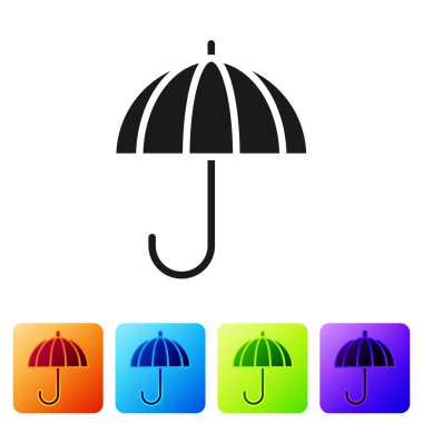 Beyaz arkaplanda izole edilmiş siyah klasik açık şemsiye simgesi. Yağmur koruma sembolü. Renkli kare düğmelerle simgeleri ayarla. Vektör İllüstrasyonu.