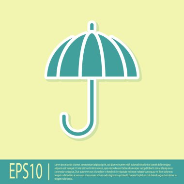 Sarı arkaplanda izole edilmiş yeşil klasik açık şemsiye simgesi. Yağmur koruma sembolü. Vektör İllüstrasyonu.