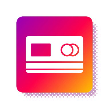 Beyaz kredi kartı simgesi beyaz arkaplanda izole edildi. Çevrimiçi ödeme. Nakit çekilmesi. Finansal operasyonlar. Alışveriş tabelası. Kare renk düğmesi. Vektör İllüstrasyonu.