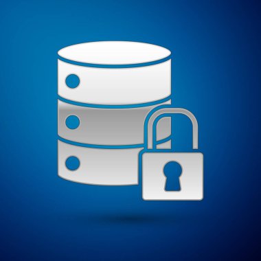 Mavi arka planda kapalı asma kilit simgesine sahip Silver Server güvenliği. Güvenlik, güvenlik, koruma kavramı. Vektör İllüstrasyonu.