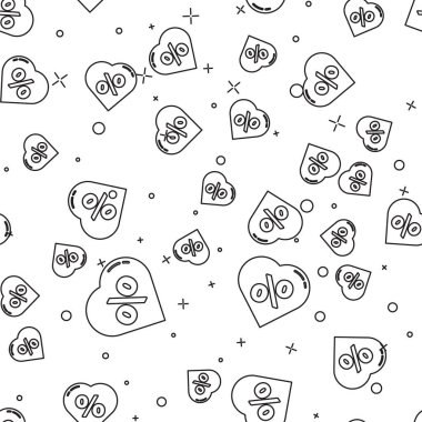 Siyah çizgi, kalp simgesindeki yüzde indirim etiketi beyaz arka planda izole edilmiş kusursuz desen. Etiket alışverişi. Özel teklif işareti. İndirim kuponları sembolü. Vektör İllüstrasyonu.