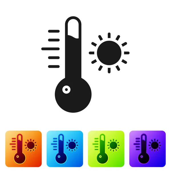 黑色气象学温度计测量在白色背景下隔离的图标 显示炎热或寒冷天气的温度计设备 在彩色正方形按钮中设置图标 病媒图解 — 图库矢量图片