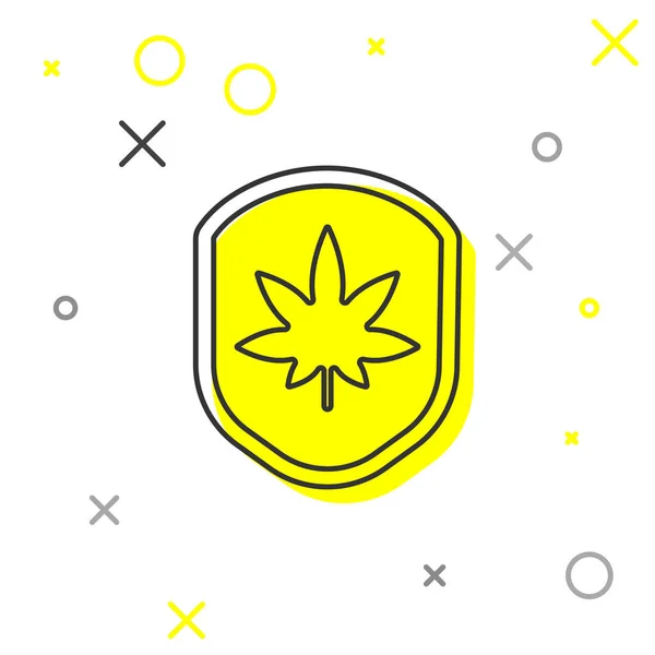 Grijze Lijn Schild Marihuana Cannabis Blad Pictogram Geïsoleerd Witte Achtergrond — Stockvector