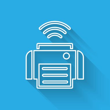 Beyaz çizgi Akıllı yazıcı sistemi simgesi uzun gölgeli izole edildi. İnternet kavramının kablosuz bağlantısı. Vektör.