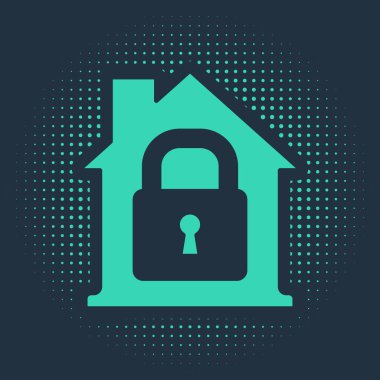 Koruma altındaki Yeşil Ev mavi arka planda izole edilmiş. Eve git ve kilitle. Koruma, güvenlik, güvenlik, koruma, savunma konsepti. Soyut çember rastgele noktalar. Vektör.