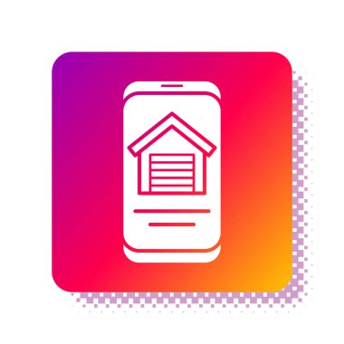 Akıllı telefon ikonundaki White Online emlak evi beyaz arka planda izole edilmiş. Ev kredisi konsepti, kira, satın alma, mülk alma. Kare renk düğmesi. Vektör.