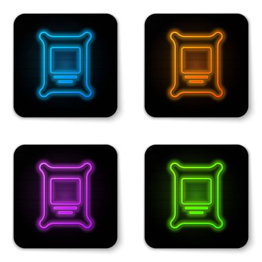 Parlayan neon gübre torbası ikonu beyaz arkaplanda izole edildi. Siyah kare düğme. Vektör.