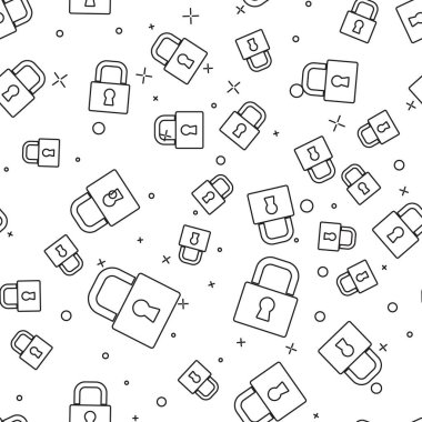 Siyah çizgi kilidi simgesi beyaz arkaplanda izole edilmiş kusursuz desen. Asma kilit işareti. Güvenlik, güvenlik, koruma, gizlilik kavramı. Vektör.