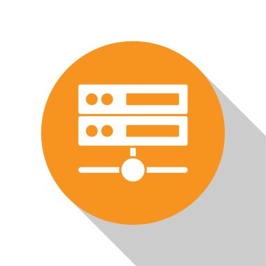 Beyaz Sunucu, Data, Web sunucu simgesi beyaz arkaplanda izole edildi. Turuncu daire düğmesi. Vektör.