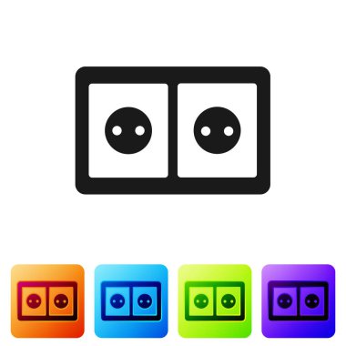 Beyaz arkaplanda siyah elektrik çıkış simgesi izole edildi. Elektrik prizi. Rosette sembolü. Renkli kare düğmelerle simgeleri ayarla. Vektör.