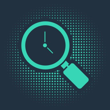 Mavi zemin üzerinde saat simgesi olan yeşil büyüteç. Soyut çember rastgele noktalar. Vektör.