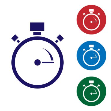 Mavi Kronometre simgesi beyaz arkaplanda izole edildi. Zaman göstergesi. Kronometre işareti. Renkli kare düğmelerle simgeleri ayarla. Vektör.