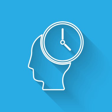 Beyaz çizgi Zaman Yönetimi simgesi uzun gölgeli izole edildi. Saat ve vites tabelası. Üretkenlik sembolü. Vektör.