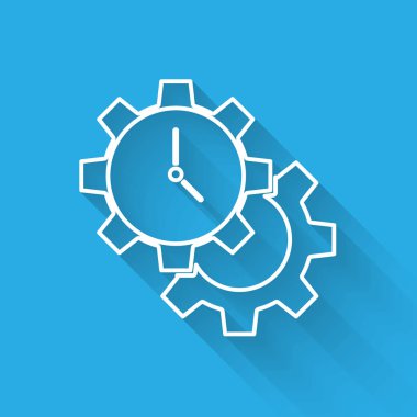 Beyaz çizgi Zaman Yönetimi simgesi uzun gölgeli izole edildi. Saat ve vites tabelası. Üretkenlik sembolü. Vektör.