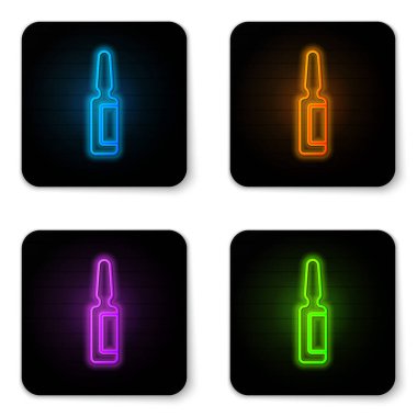 Parlayan neon renkli diş ağrısı kesici tablet ikonu beyaz arkaplanda izole edilmiş. Diş bakımı ilacı. Kapsül hapı ve ilaç. Eczane tasarımı. Siyah kare düğme. Vektör.