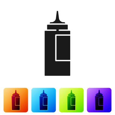 Beyaz arka planda izole edilmiş siyah sos şişesi ikonu. Ketçap, hardal ve fast food için soslu mayonez şişeleri. Renkli kare düğmelerle simgeleri ayarla. Vektör.