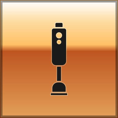 Altın arkaplanda siyah blender simgesi izole edildi. Mutfak elektrikli kırıcı ve kase. Meyve suyu, kokteyl ya da meyve suyu. Vektör.