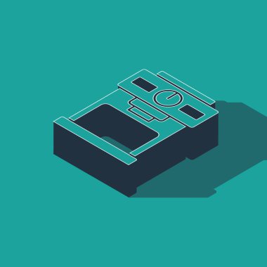 Yeşil arka planda izole edilmiş Isometric kahve makinesi simgesi. Vektör.