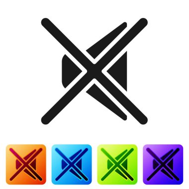 Siyah Sözcü dilsiz simgesi beyaz arkaplanda izole edildi. Ses simgesi yok. Ses Kapalı sembolü. Renkli kare düğmelerle simgeleri ayarla. Vektör.