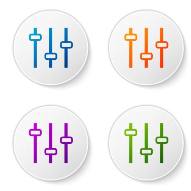 Renk Müzik eşitleyici simgesi beyaz arkaplanda izole edildi. Ses dalgası. Ses dijital dengeleyici teknolojisi, konsol paneli, nabız müzikali. Simgeleri daire düğmelerine ayır. Vektör.