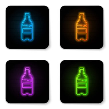 Beyaz arka planda izole edilmiş su ikonu olan parlak neon spor şişesi. Siyah kare düğme. Vektör.