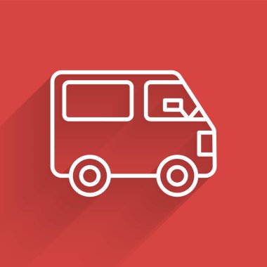 Beyaz çizgi kargo kamyonu ikonu uzun gölgeli izole edildi. Vektör İllüstrasyonu.