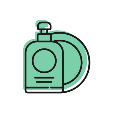 Siyah çizgili bulaşık deterjanı şişesi ve plaka simgesi beyaz arka planda izole edilmiş. Bulaşık yıkamak için sıvı deterjan. Vektör İllüstrasyonu.